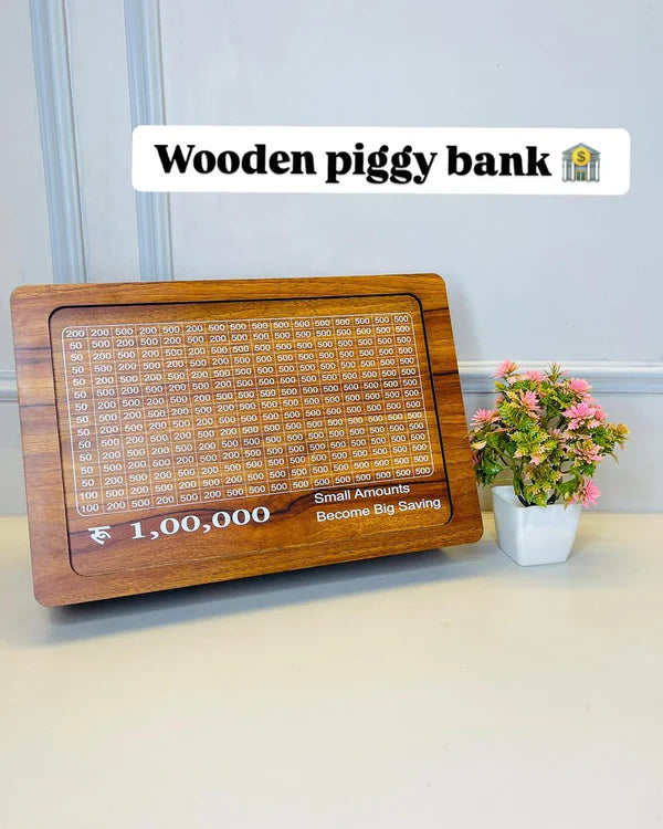 1 Lakh Savings Challenge - Wooden Piggy Bank with Golden frame finishing