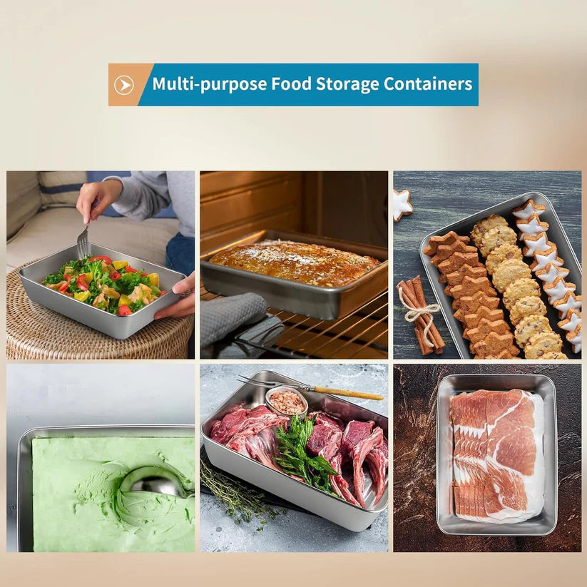 Non Stick Stainless Steel Baking Pan Food Storage Box with Cover (Pack of 4)