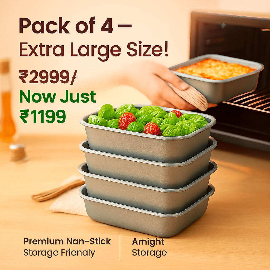 Non Stick Stainless Steel Baking Pan Food Storage Box with Cover (Pack of 4)